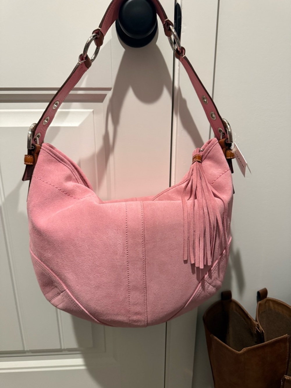 Coach Pink Suede Hobo Bag with Tassel